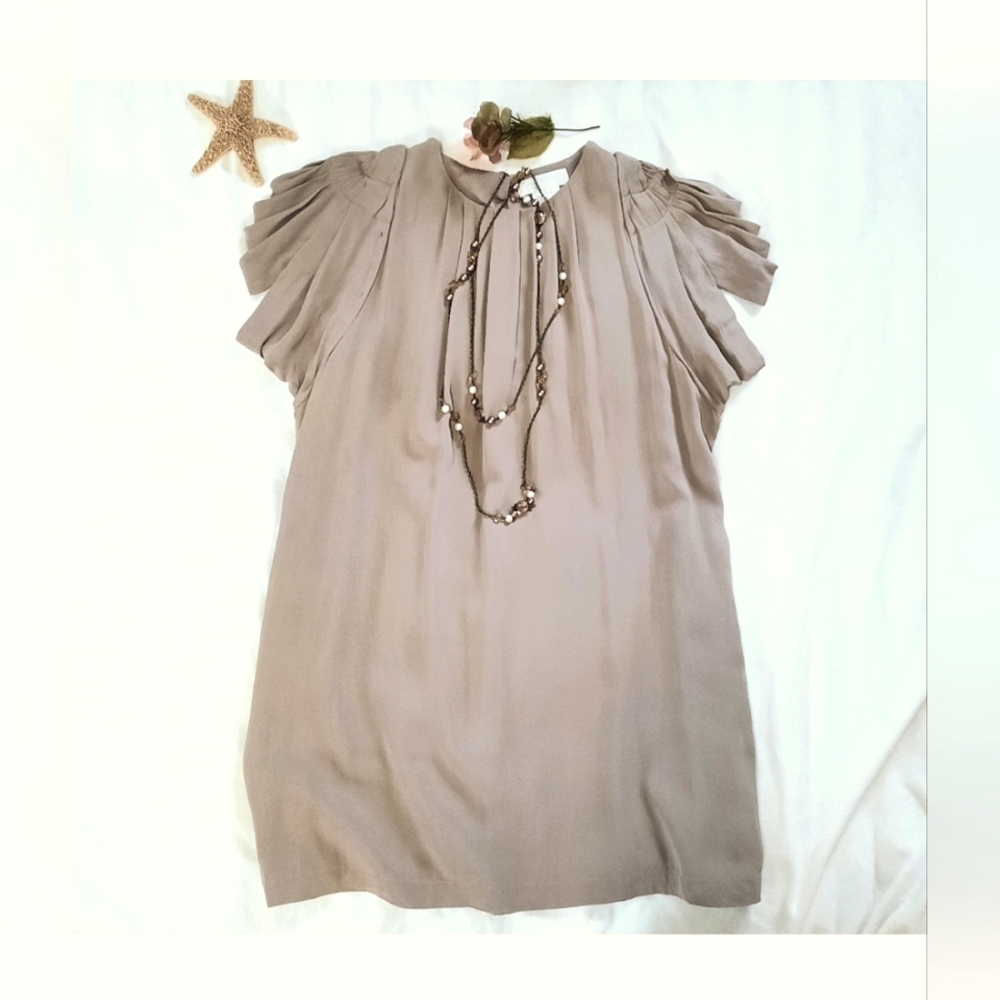 MM COUTURE 100% Silk Taupe Mini Dress, Cap Sleeves, Lined